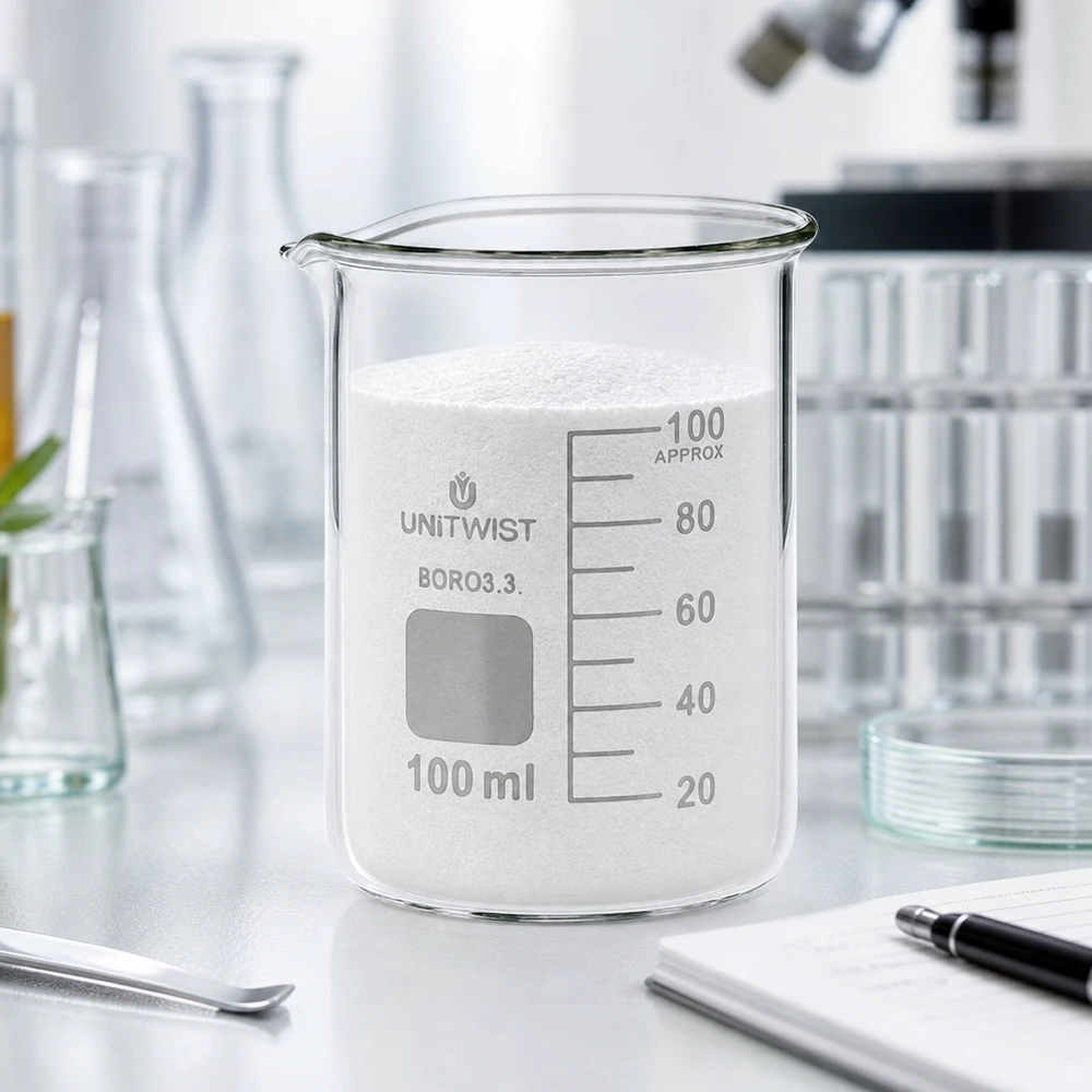 Bécher 100ml borosilicate, forme basse UNiTWIST UNiTWIST : bécher en verre de 100 ml, de forme basse, muni d'un bec verseur, à côté de tubes à essai et de fioles Erlenmeyer