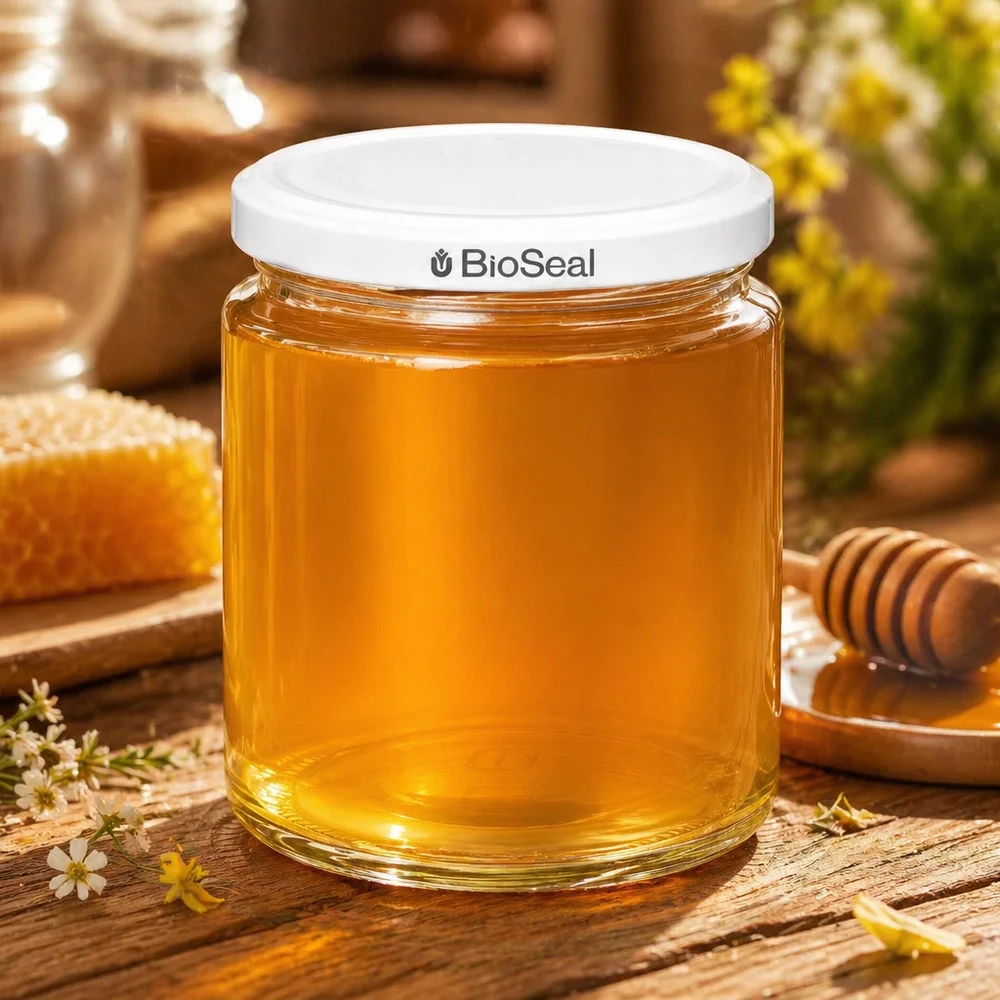 Pot de miel BioSeal UNiTWIST de 250 ml rempli de miel doré sur table en bois avec rayons d'abeilles et bâton de miel