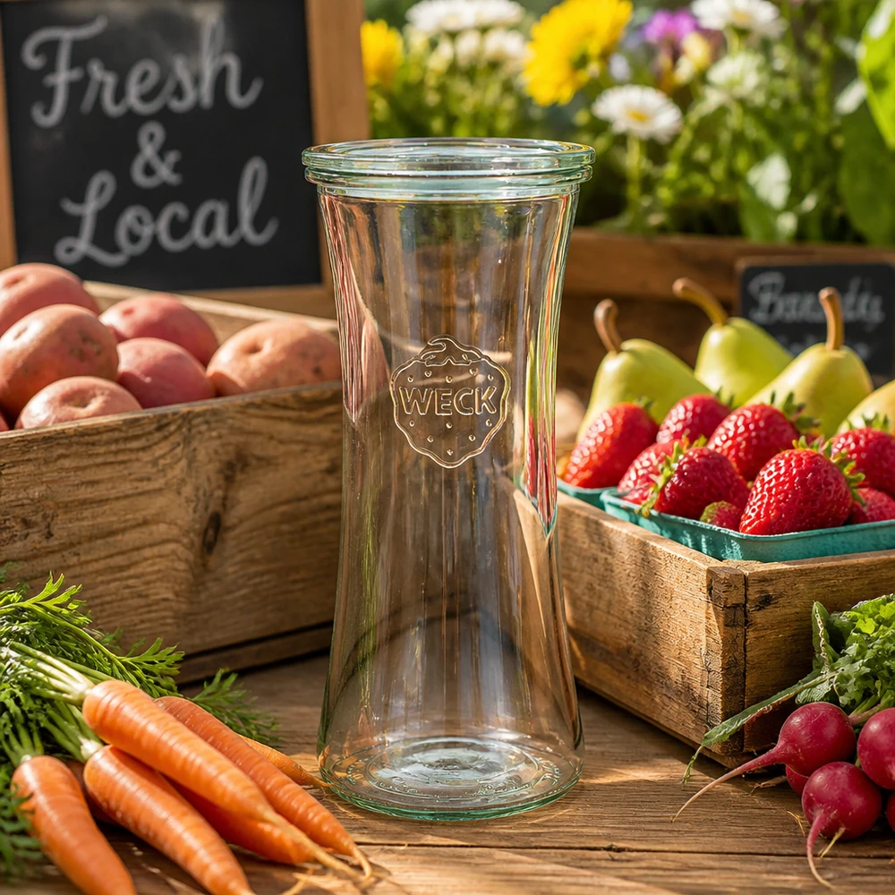700ml bocal à gourmandises avec bouchon en verre WECK RR80 WECK Pot d'épicerie fine 700ml RR80 entre des fruits et légumes frais sur une table en bois rustique - Pot de conservation pour des pro