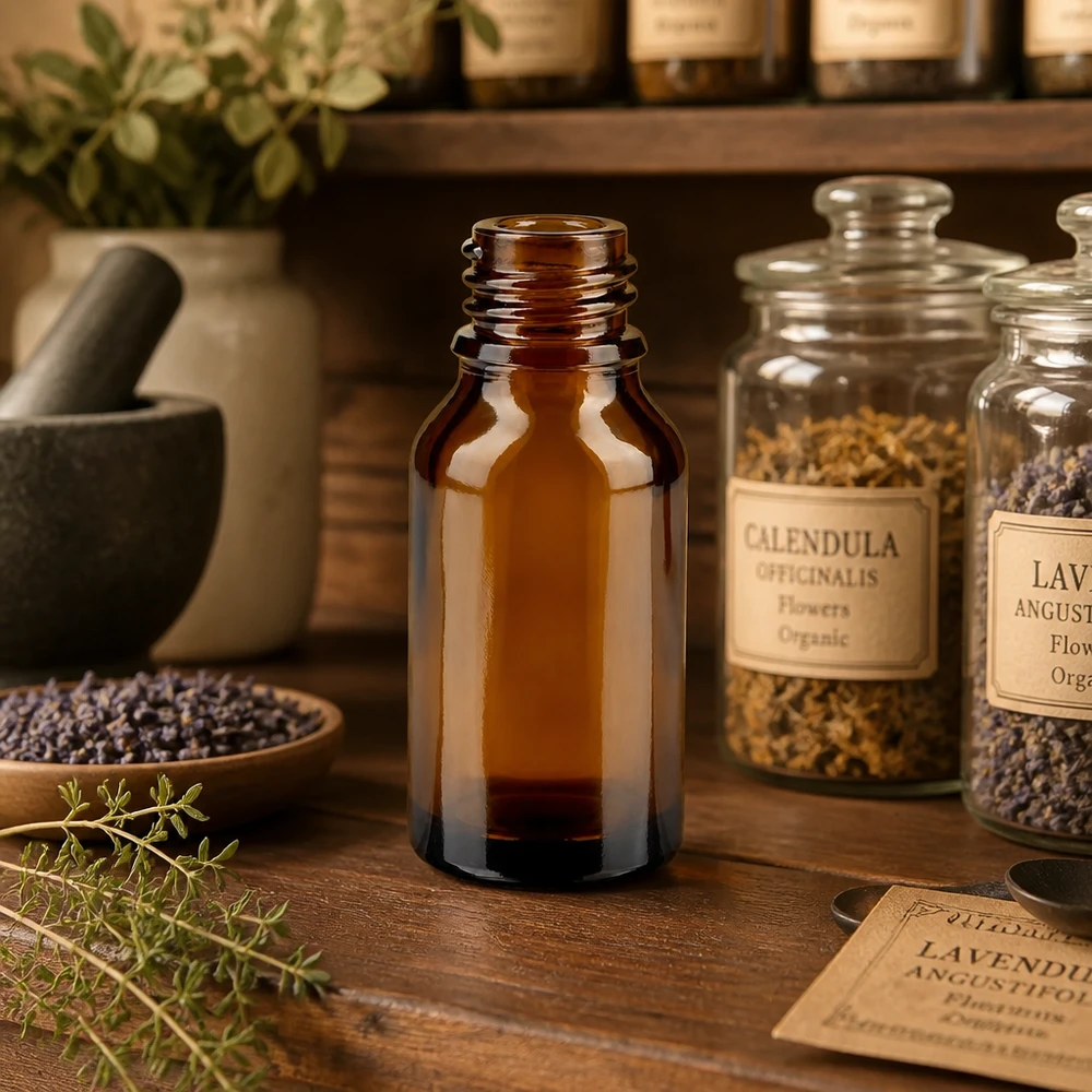 Flacon avec compte-gouttes 15 ml DIN18 - verre ambré Bouteille de pharmacie brune de 15ml ApoGlas dans une pharmacie d'herbes authentique avec des bocaux de calendula lavande et de plantes médicinales