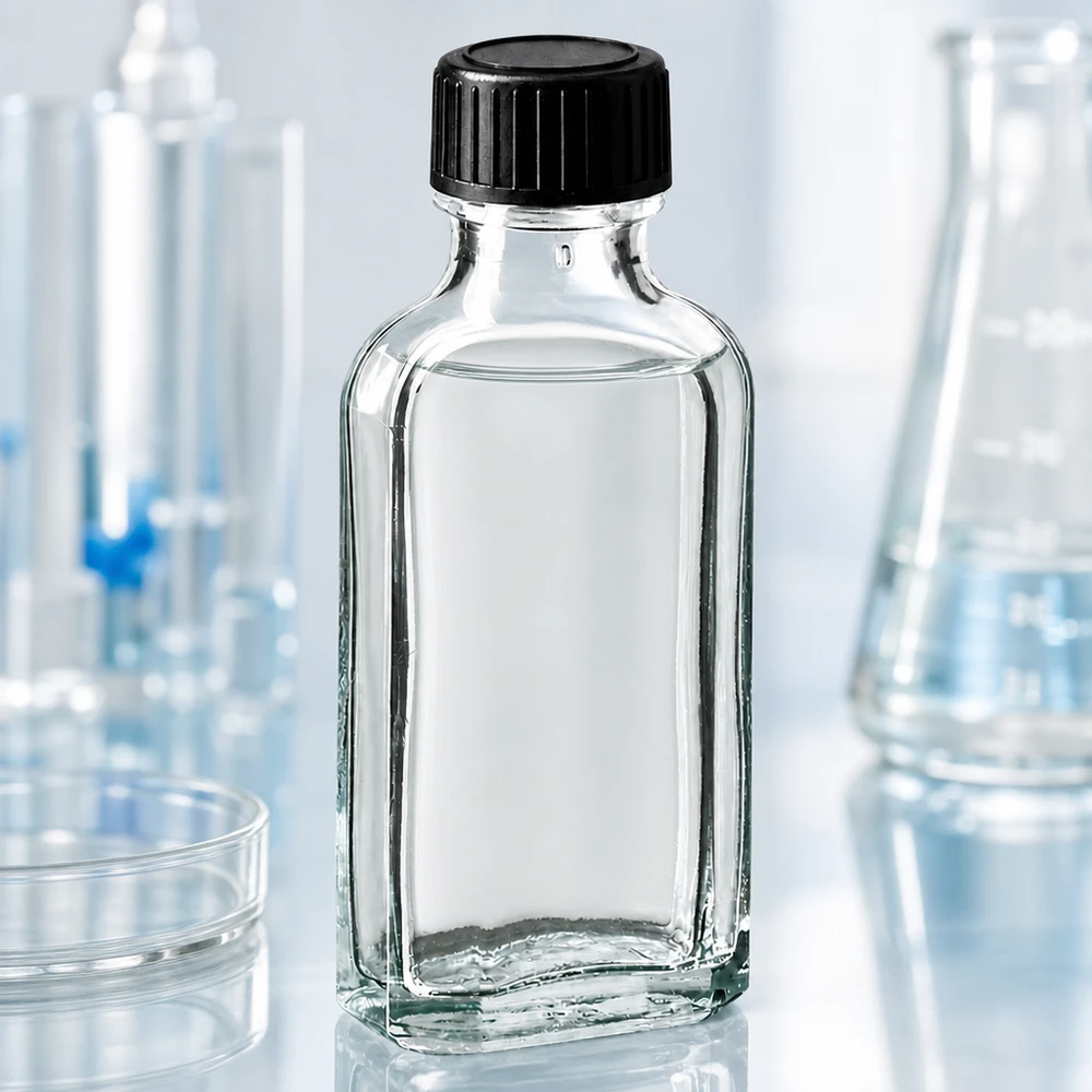 Flasque transparente de 50 ml au goulot DIN 22, avec bouchon à vis DIN 22 noir et joint PEE Flacon en verre transparent vide de 50 ml, de type Meplat, avec bouchon à vis sécurisé, destiné aux applications de laboratoire