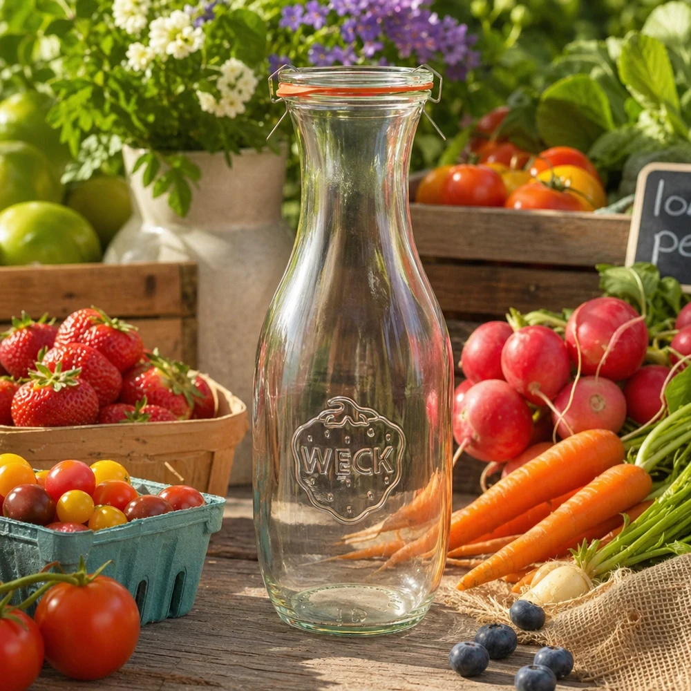Bouteille à jus de 1 062 ml, ensemble complet WECK RR60 WECK Bouteille de jus 1062ml RR60 vide entre des légumes frais fruits sur table en bois Farmers Market Ambiente naturel