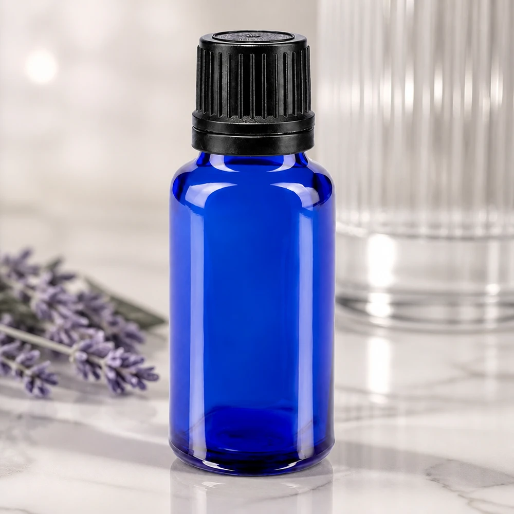 Flacon de pharmacie bleu de 20 ml avec bouchon d'inviolabilité de 8 mm, en verre de pharmacie de haute qualité