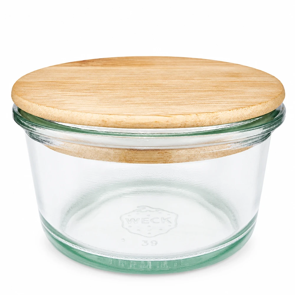 WECK Bocal Gourmet 165ml avec couvercle en bois RR80 Bocal à provisions rond transparent pour la cuisine