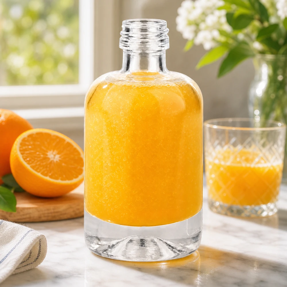 Bouteille en verre Sara de 40 ml remplie de jus orange montre la polyvalence pour les boissons et les cosmétiques sans bouchon