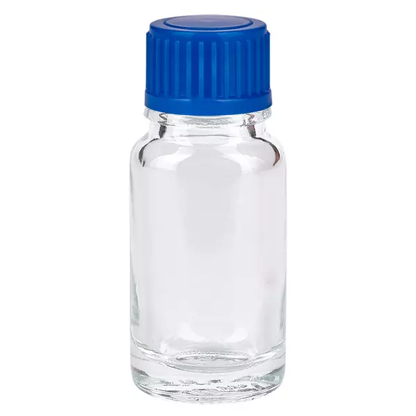 Flacon en verre transparent de 10 ml avec bouchon à vis bleu ClearLine UT18/10 destiné aux applications pharmaceutiques
