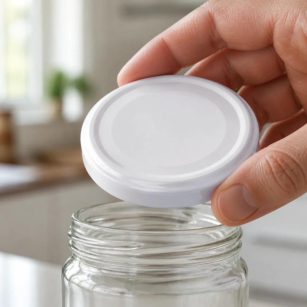 Couvercle rond BasicSeal 43 mm blanc UniTwist en fer-blanc adapté au contact alimentaire