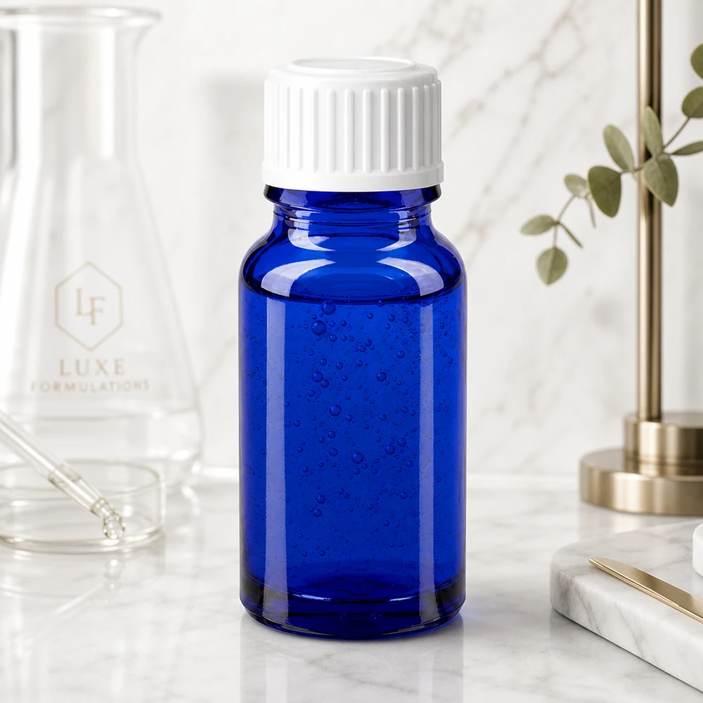 Flacon de pharmacie bleu 10ml bouchon vissable blanc standard Flacon de pharmacie bleu avec protection UV, 10 ml, SV Standard blanc, devant un flacon Erlenmeyer Luxe Formulations