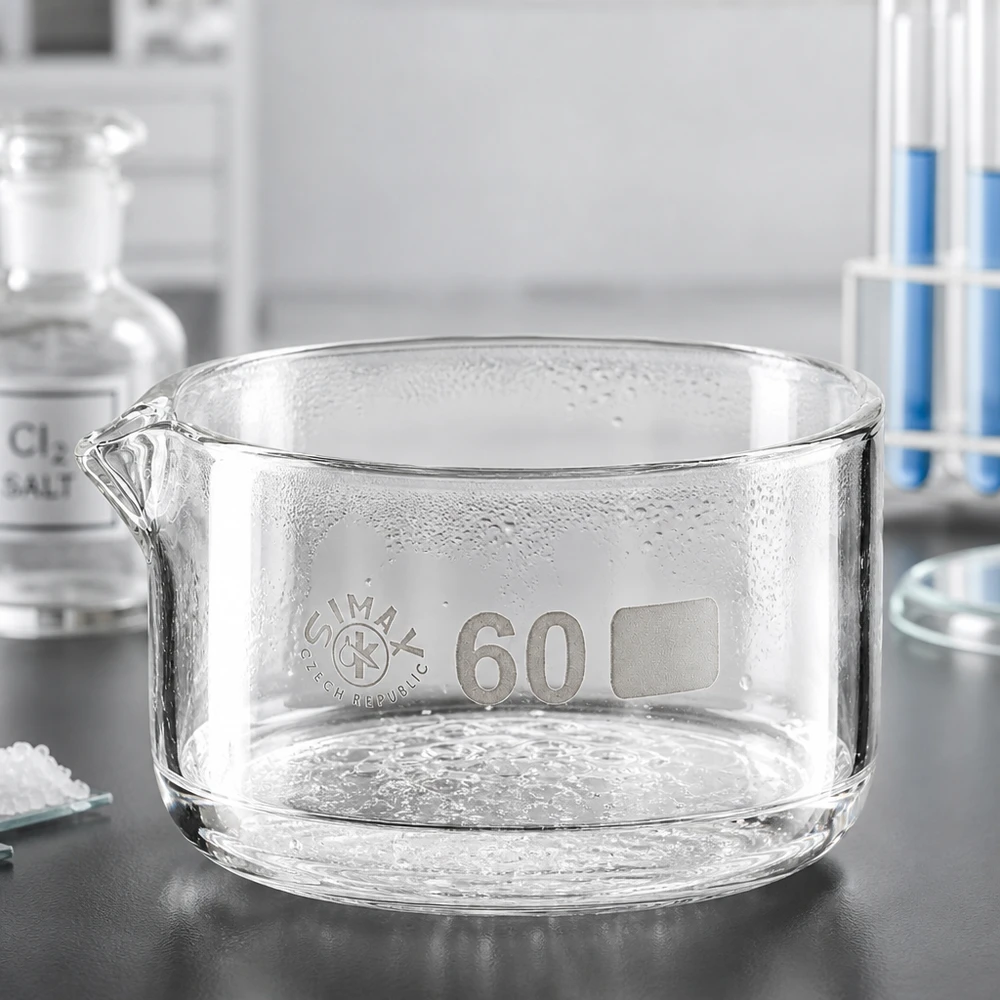 Coupelle en verre de laboratoire Simax 60 ml, cylindrique à fond plat, épaisseur du fond, bec verseur, coupelle d'évaporation, transparente