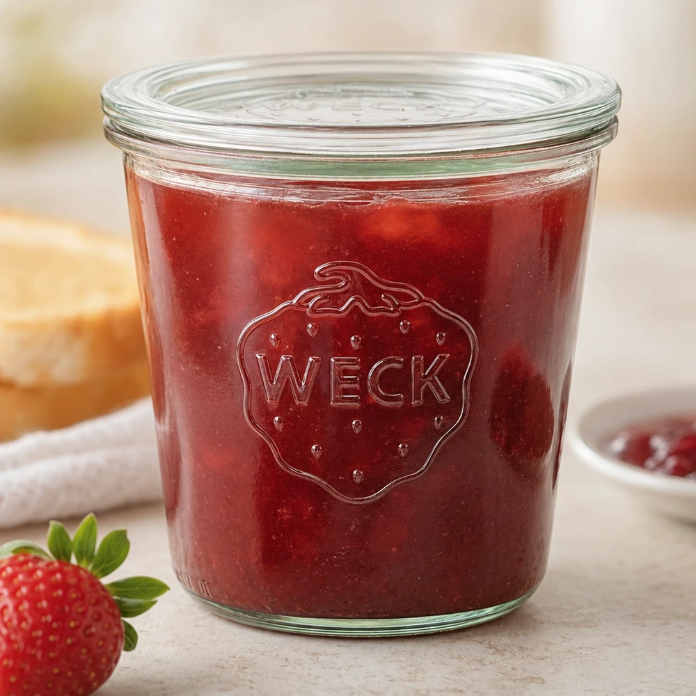 WECK Pot renversé 580ml RR100 avec confiture de fraise rouge et logo Strawberry sur le plan de travail de la cuisine