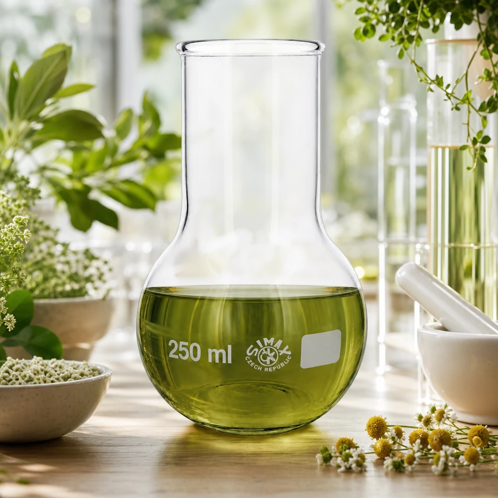 Ballon à fond plat 250 ml à col large, en verre borosilicate avec bord renforcé Ballon en verre de 250 ml à large ouverture et contenu vert pour les extraits et analyses de plantes