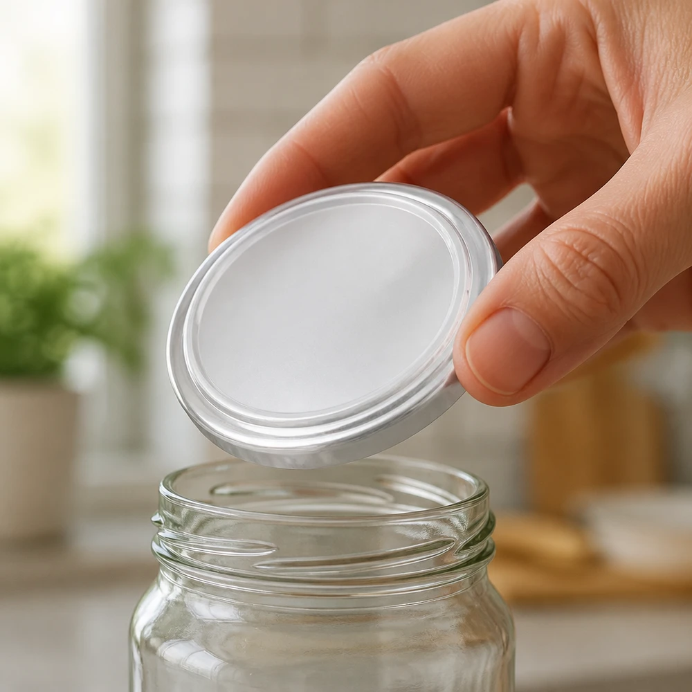 Couvercle de bocaux BasicSeal TO100 blanc de 100 mm avec joint d'étanchéité, vu de près