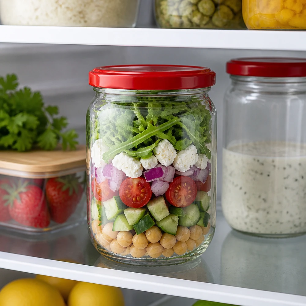 Une conservation saine dans le réfrigérateur grâce à un bocal rond en verre de 555 ml avec couvercle rouge BasicSeal et des légumes frais