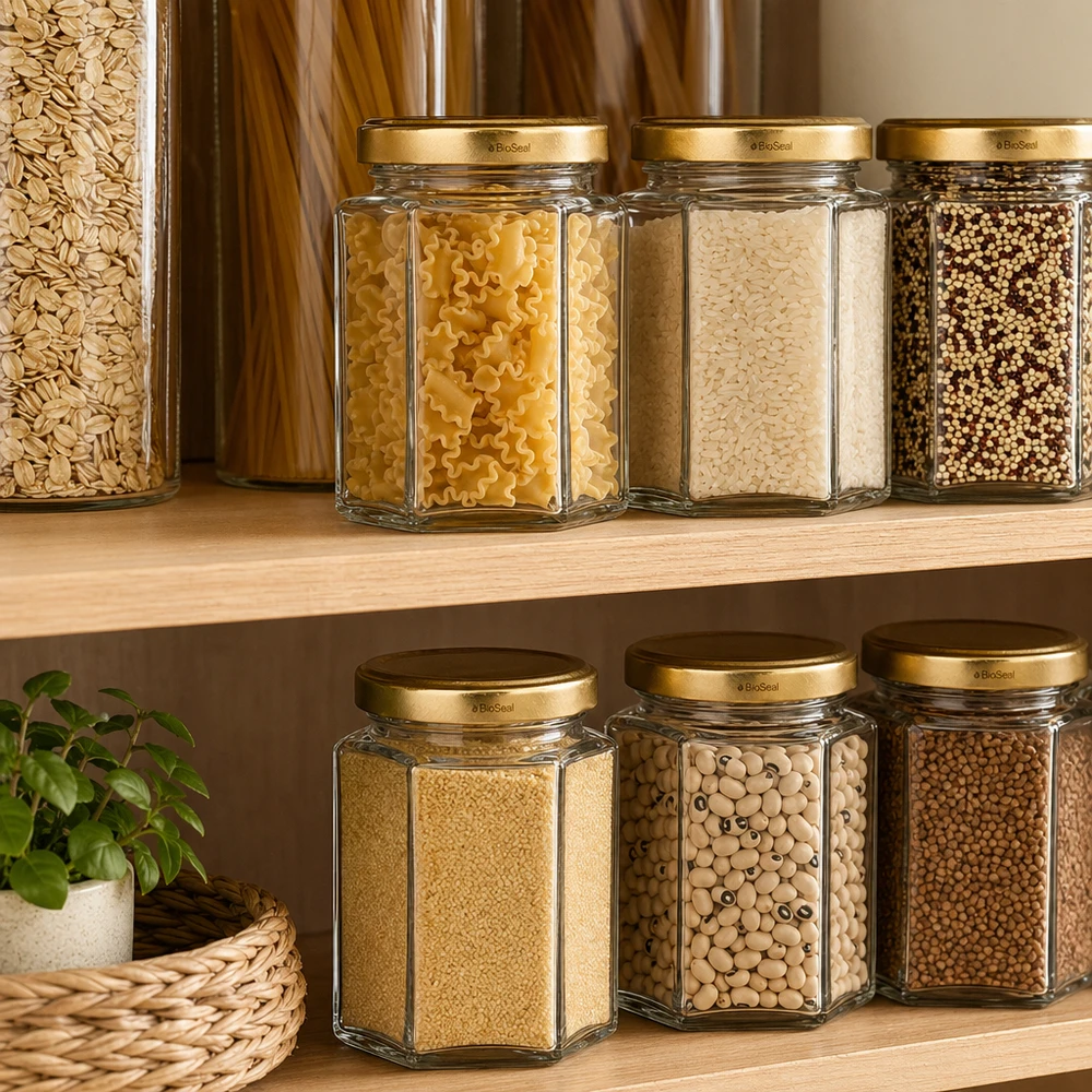 Bocaux hexagonaux UNiTWIST Hexa196 avec couvercle TO58 BioSeal Gold dans une cuisine organisée avec des pâtes et des légumineuses.