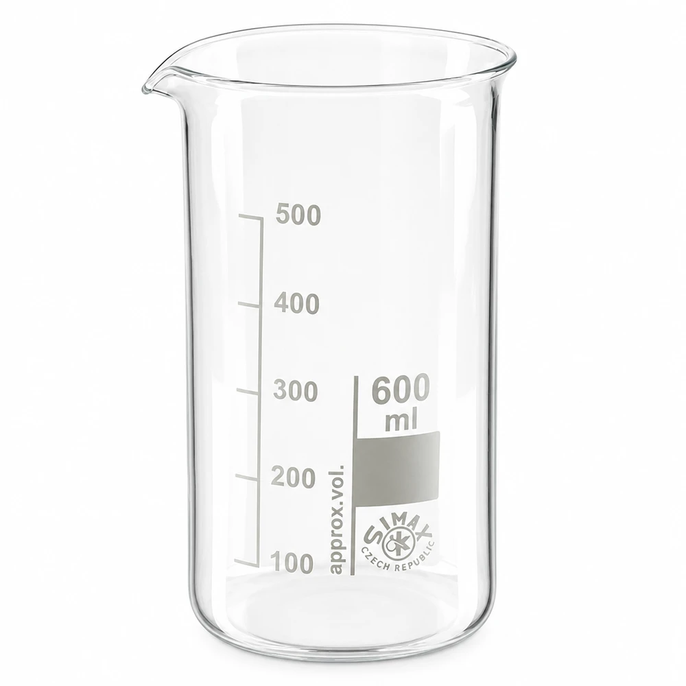 Bécher 600ml en verre borosilicate résistant à la chaleur (forme haute) Bécher en verre borosilicaté transparent de 600 ml, de forme haute, avec graduation, destiné aux laboratoires et à la recherche scientifique
