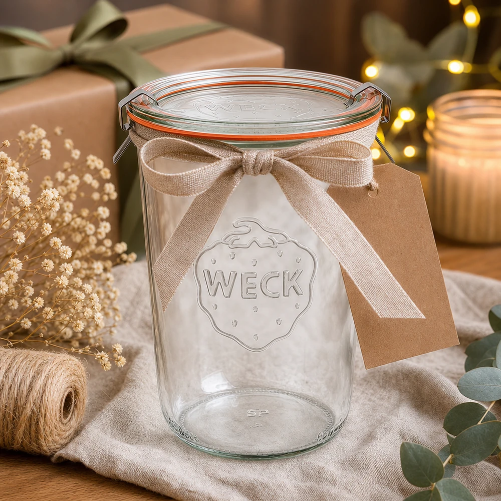 WECK 850ml verre renversé RR100 comme idée de cadeau décoré avec un ruban et un pendentif dans une scène de Noël chaleureuse