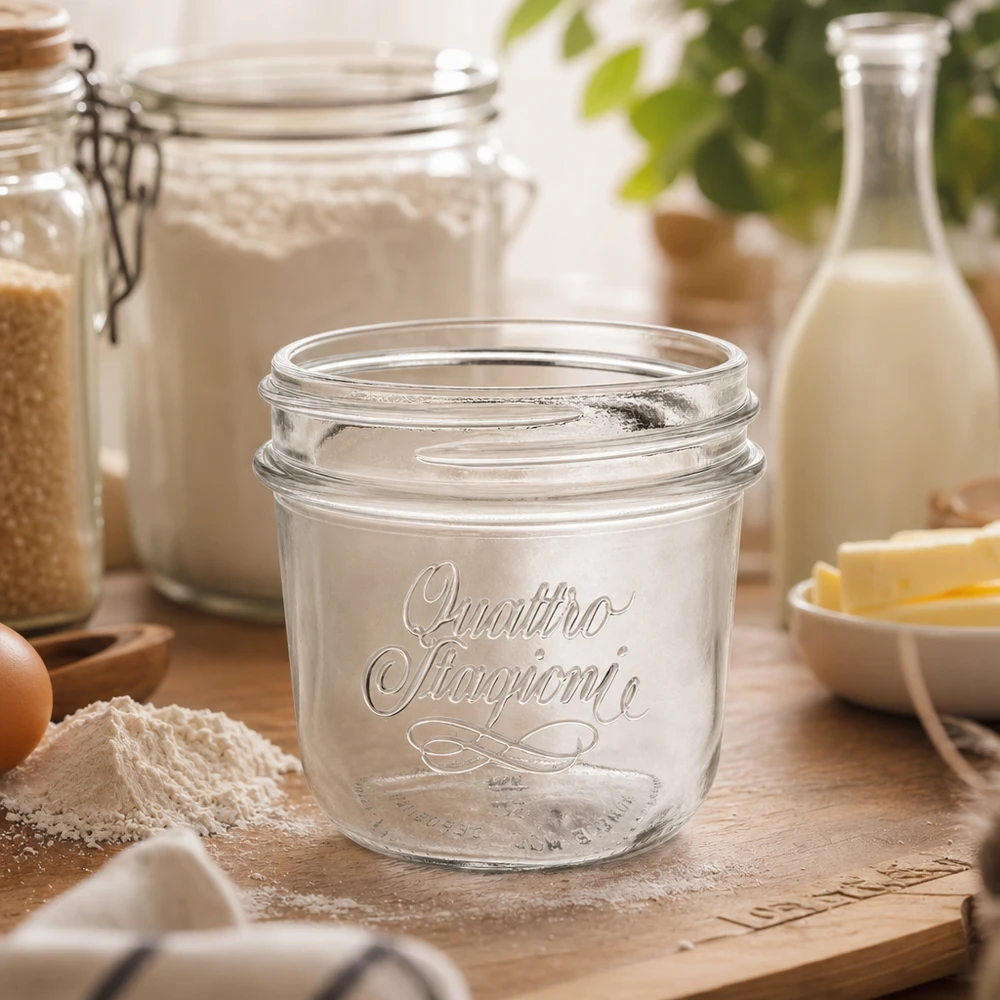 200ml Quattro Stagioni Bocal en verre sur table en bois avec ingrédients farine oeufs et bouteille de lait dans cuisine