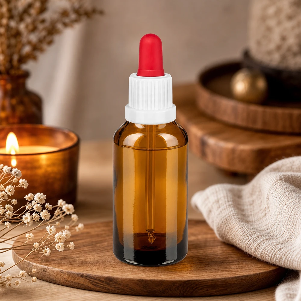 Bouteille pipette 30ml blanc/rouge OV BrownLine UT18/30 Flacon à pipette compact de 30 ml avec verre brun protégeant de la lumière pour une conservation sûre des substances actives