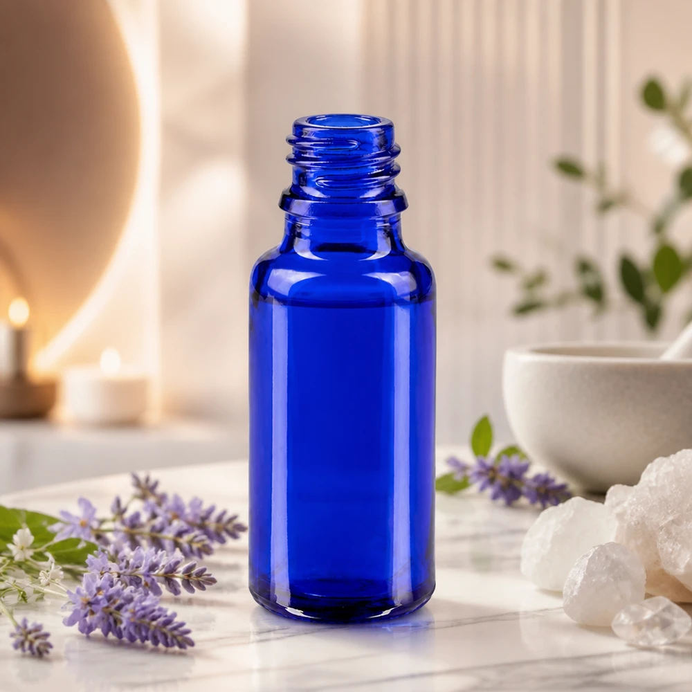 Flacon avec compte-gouttes 20 ml DIN18 - verre bleu Bouteille de pharmacie professionnelle de 20ml en verre bleu pour l'homéopathie et les médecines alternatives