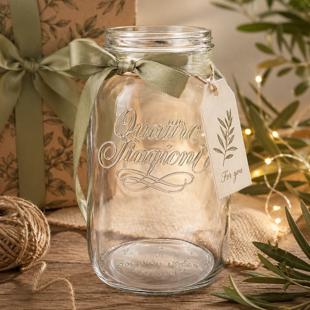 3800ml Quattro Stagioni Verre de ménage décoré d'un ruban vert et d'une étiquette cadeau sur une table en bois rustique