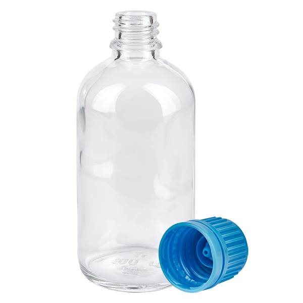 Flacon 100ml 11mm SV bleu OV ClearLine UT18/100 Flacon en verre transparent de 100 ml UT18 avec bouchon de sécurité bleu ouvert de 11 mm SV