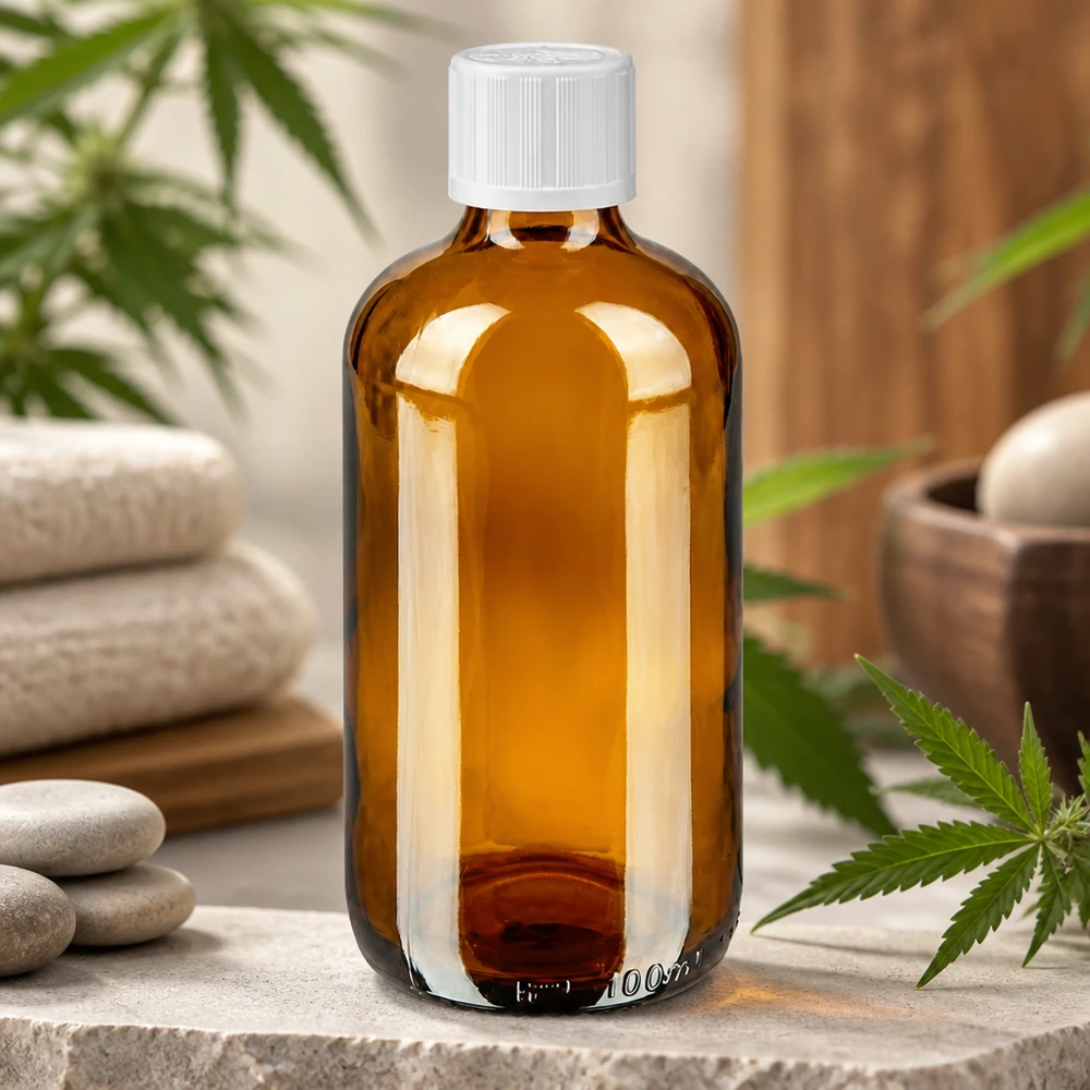 Bouteille en verre brun de 100 ml avec bouchon de sécurité enfant, dans un décor naturel de spa avec des plants de chanvre