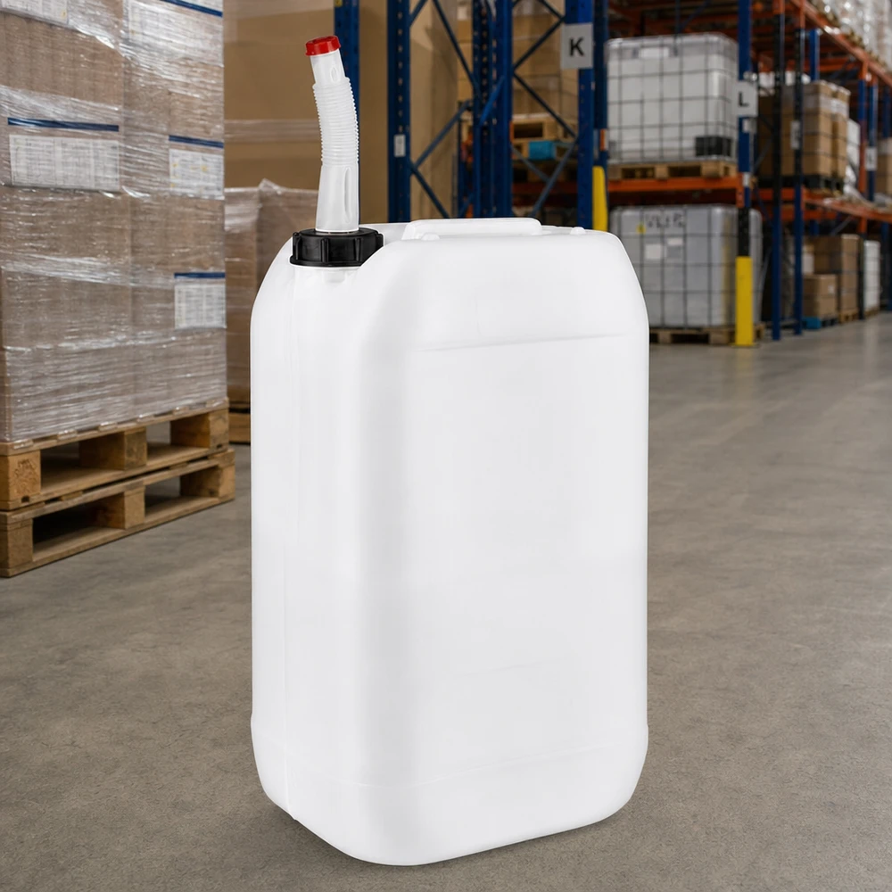 Bidon 15 litres avec tuyau d'écoulement Flex Bidon empilable de 15 litres avec bec verseur et bouchon noir pour produits chimiques