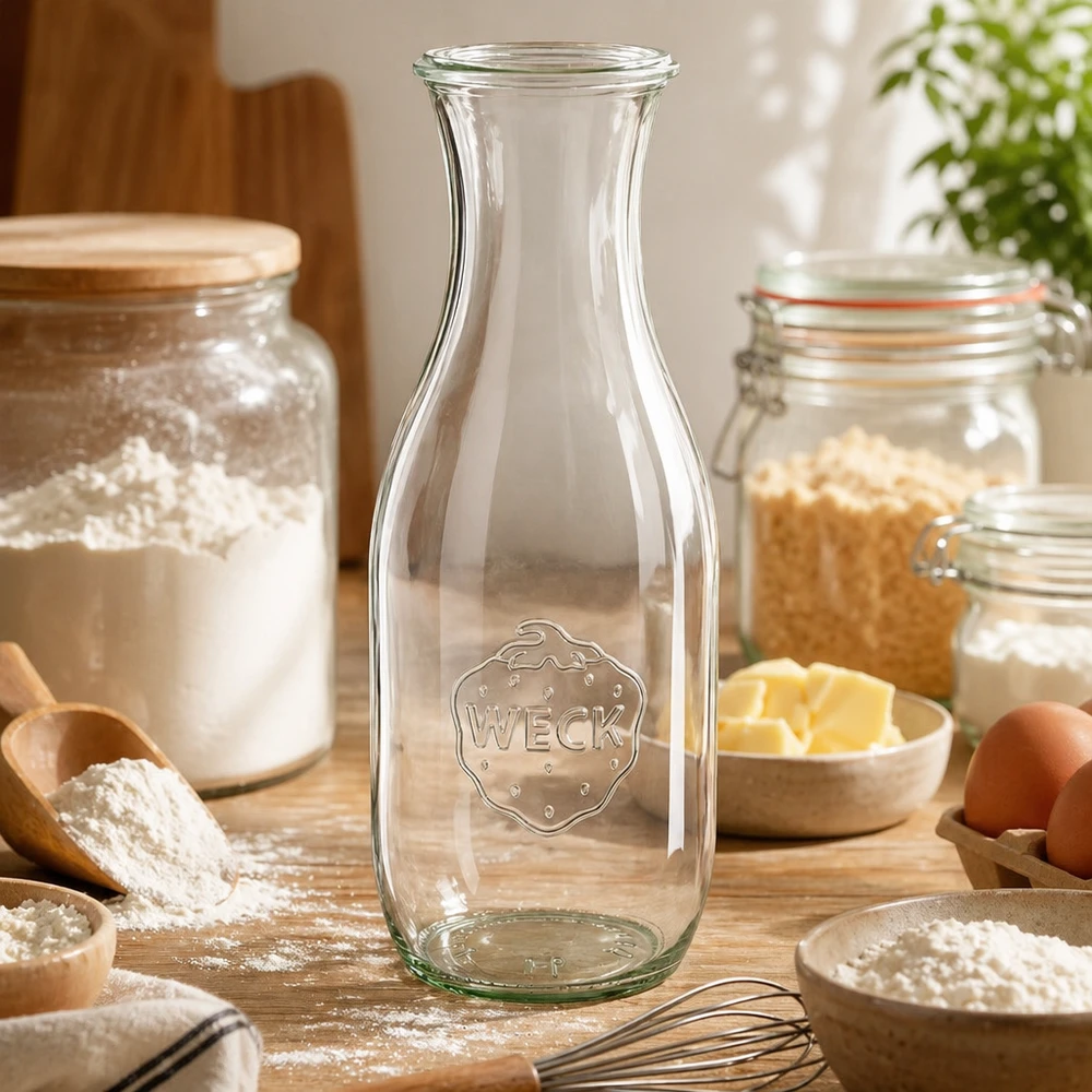 WECK Bouteille de jus 1062ml RR60 dans la cuisine avec farine, œufs, beurre et ingrédients pour la pâtisserie comme récipient de cuisine polyvalent