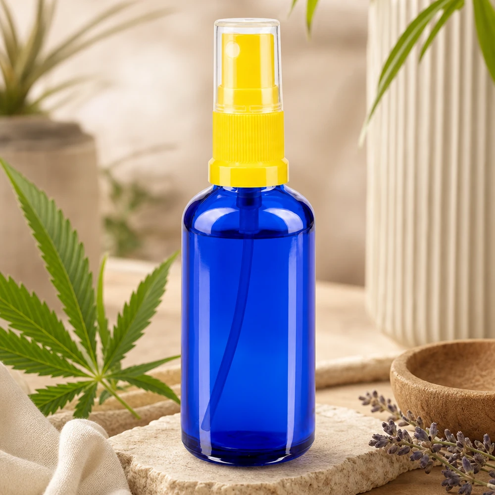 Vaporisateur Blauglas de 50 ml avec capuchon de protection transparent et pommeau jaune