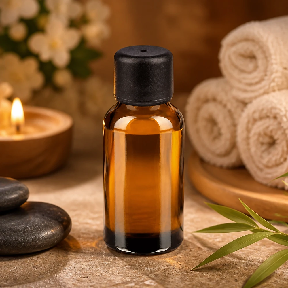 Flacon 20ml 6mm SV noir STD BrownLine UT18/20 Elégant flacon en verre brun de 20ml avec bouchon noir mat pour le spa et l'aromathérapie