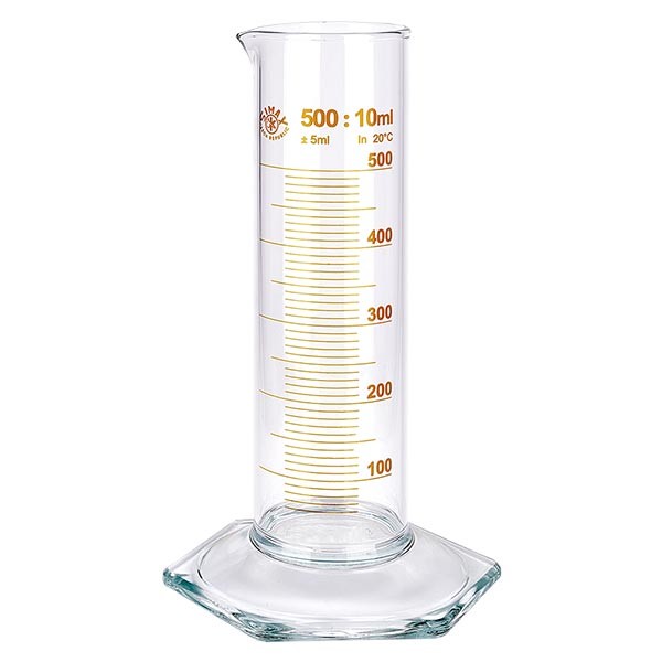 Éprouvette graduée 500 ml, forme basse et graduations marron, ISO 4788 Éprouvette graduée 500 ml, forme basse et graduations marron, ISO 4788