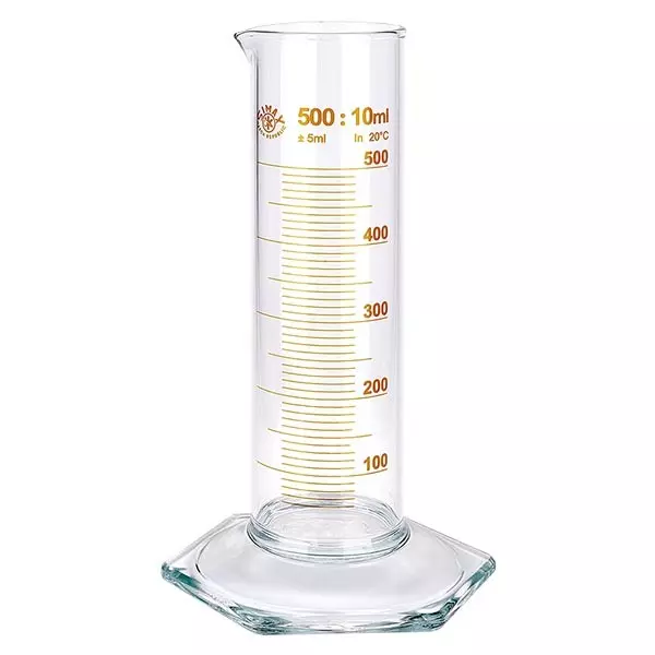 Éprouvette graduée 500 ml, forme basse et graduations marron, ISO 4788 Éprouvette graduée 500 ml, forme basse et graduations marron, ISO 4788