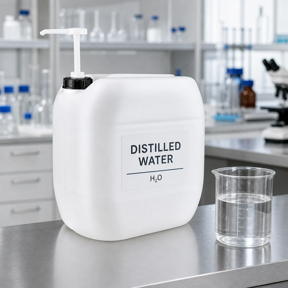 Grand bidon en plastique de 30 litres avec pompe-distributeur, destiné à un environnement de laboratoire professionnel