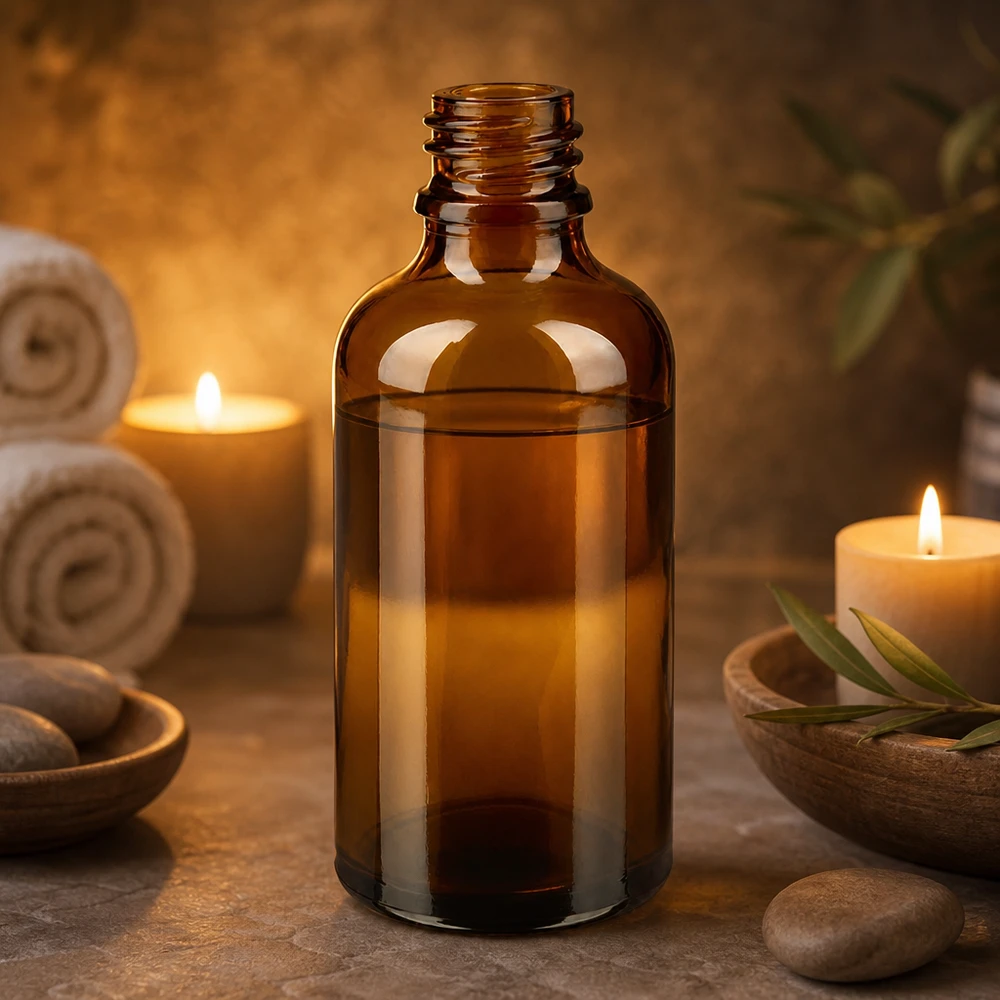 Flacon compte-gouttes pharmaceutique 50 ml DIN18 - verre brun Bouteille de pharmacie ApoGlas brune de 50 ml contenant de l'huile à la lumière chaude d'une bougie Atmosphère de bien-être à côté de pierres de spa