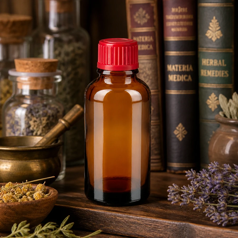 Flacon de 30ml 11mm SV rouge STD BrownLine UT18/30 Bouteille en verre robuste de 30 ml avec bouchon à vis rouge, parfaite pour les remèdes homéopathiques