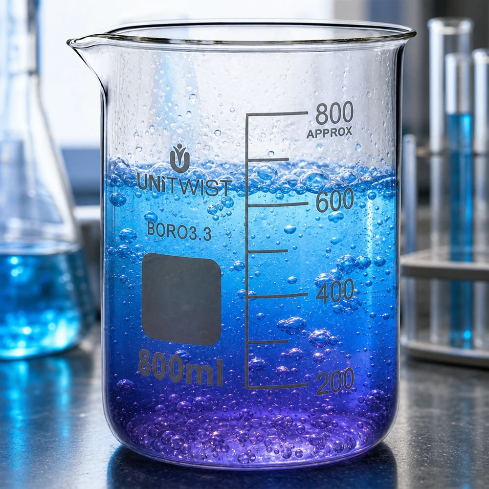 Bécher 800ml borosilicate, forme basse UNiTWIST UNiTWIST, verre à bec de 800 ml, forme basse, avec bec verseur et dégradé bicolore bleu-violet