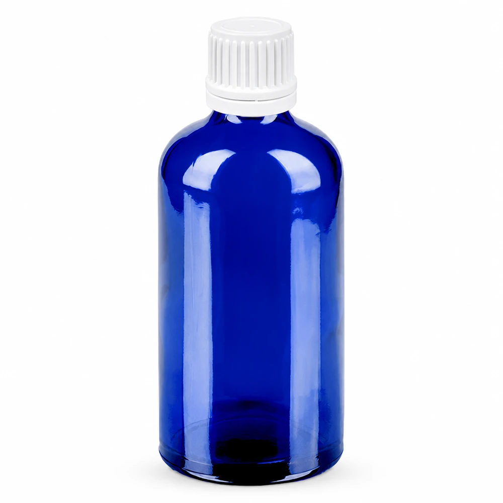Flacon 100ml 11mm SV blanc OV BlueLine UT18/100 Flacon de 100ml bleu avec bouchon de sécurité blanc 11mm UT18/100