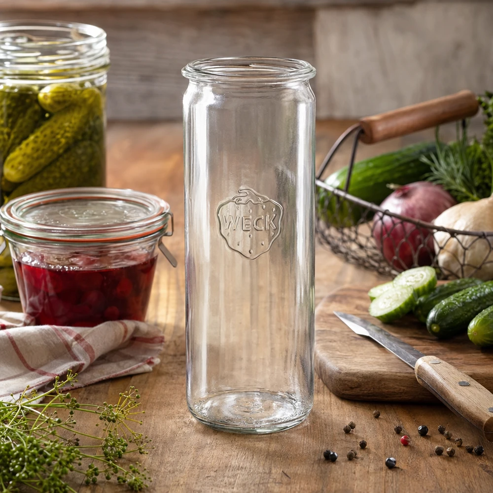 WECK Pot cylindrique RR60 600ml dans une cuisine rustique avec des bocaux de légumes et des ustensiles de cuisine en bois