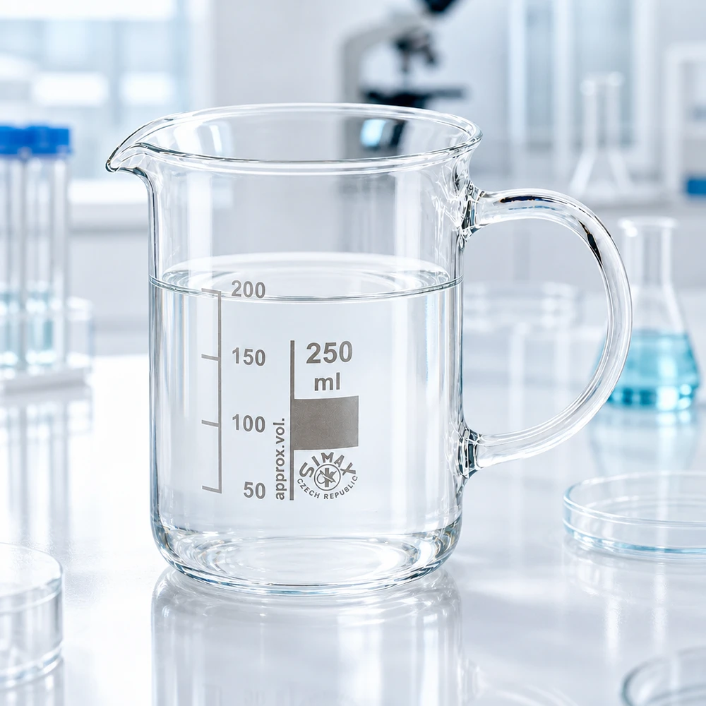 Bécher avec poignée 250ml en verre borosilicate résistant à la chaleur (forme normale) Verre à bec 250 ml en verre borosilicaté résistant à la chaleur, muni d'une anse, destiné aux mesures en laboratoire