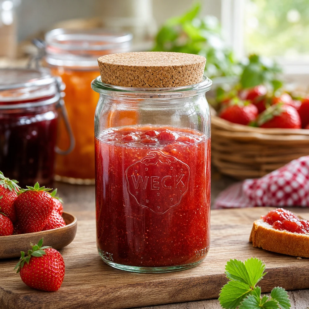 WECK Pot cylindrique de 145ml avec couvercle en liège rempli de confiture de fraises entouré de fraises fraîches sur table en bois