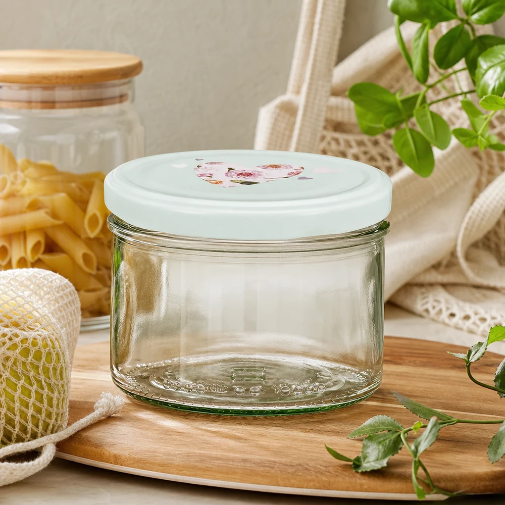 Pot cylindrique de 230 ml + couvercle BasicSeal cur menthe Verre cylindrique 230ml BasicSeal couvercle coeur menthe vide sur plateau en bois avec sac en jute pour pâtes et plantes vertes