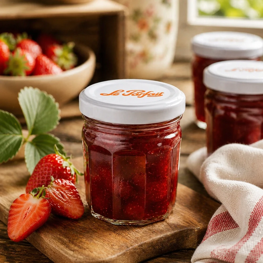 Le Parfait Mini-pots de confiture 44ml avec fraises et confiture sur planche en bois - parfait pour les pâtes à tartiner maison