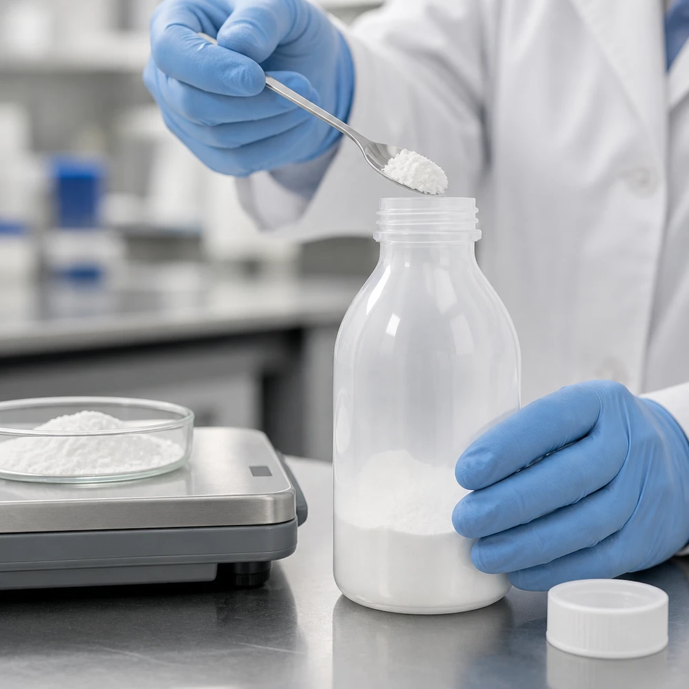 Remplissage d'un flacon de laboratoire en LDPE de 250 ml à col étroit par des chercheurs portant des gants de protection bleus