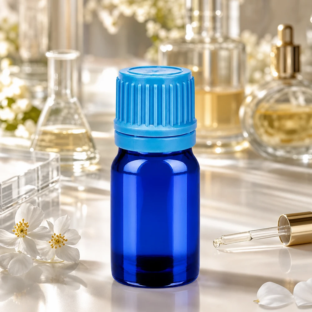 Flacon 5ml 11mm SV bleu OV BlueLine UT18/5 Flacon pharmaceutique de 5ml en bleu cobalt avec bouchon à vis de sécurité pour les enfants