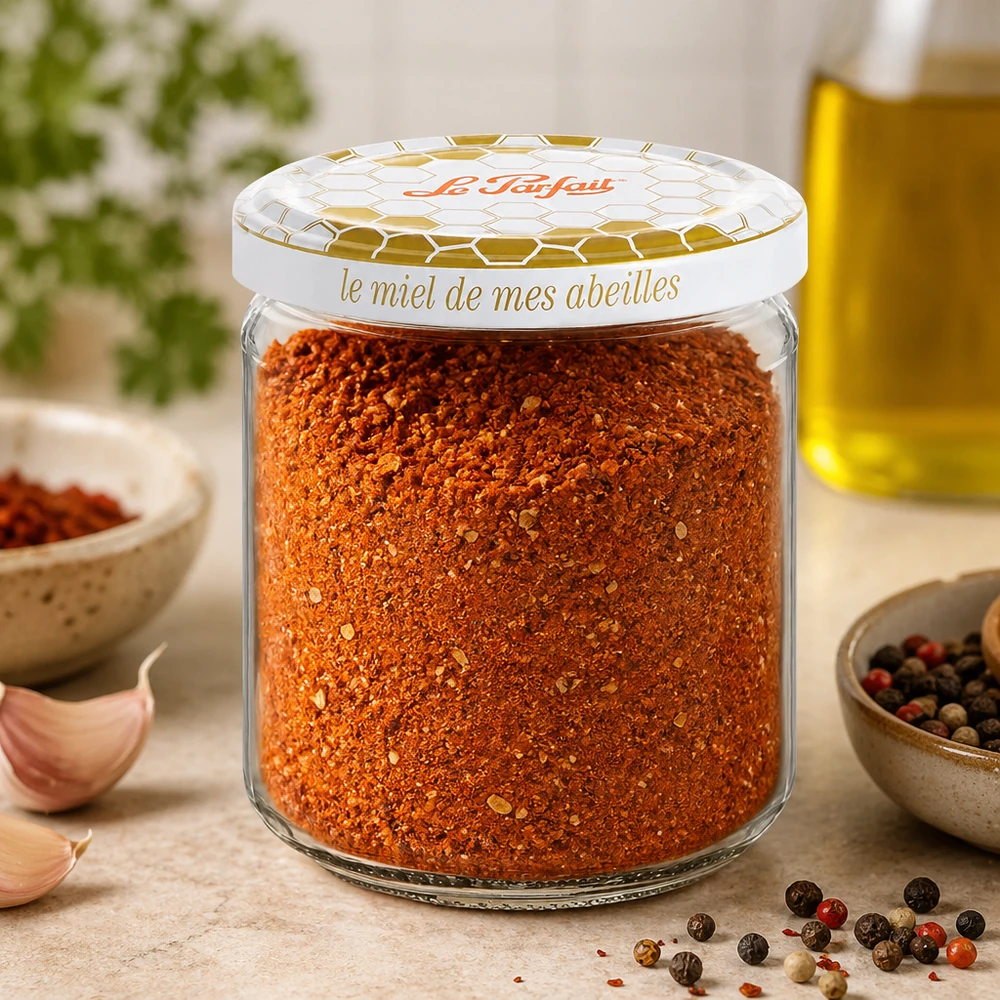 Le Parfait Honey pot de réserve 212ml rempli d'un mélange d'épices à côté d'ail de poivre en grains et d'huile d'olive