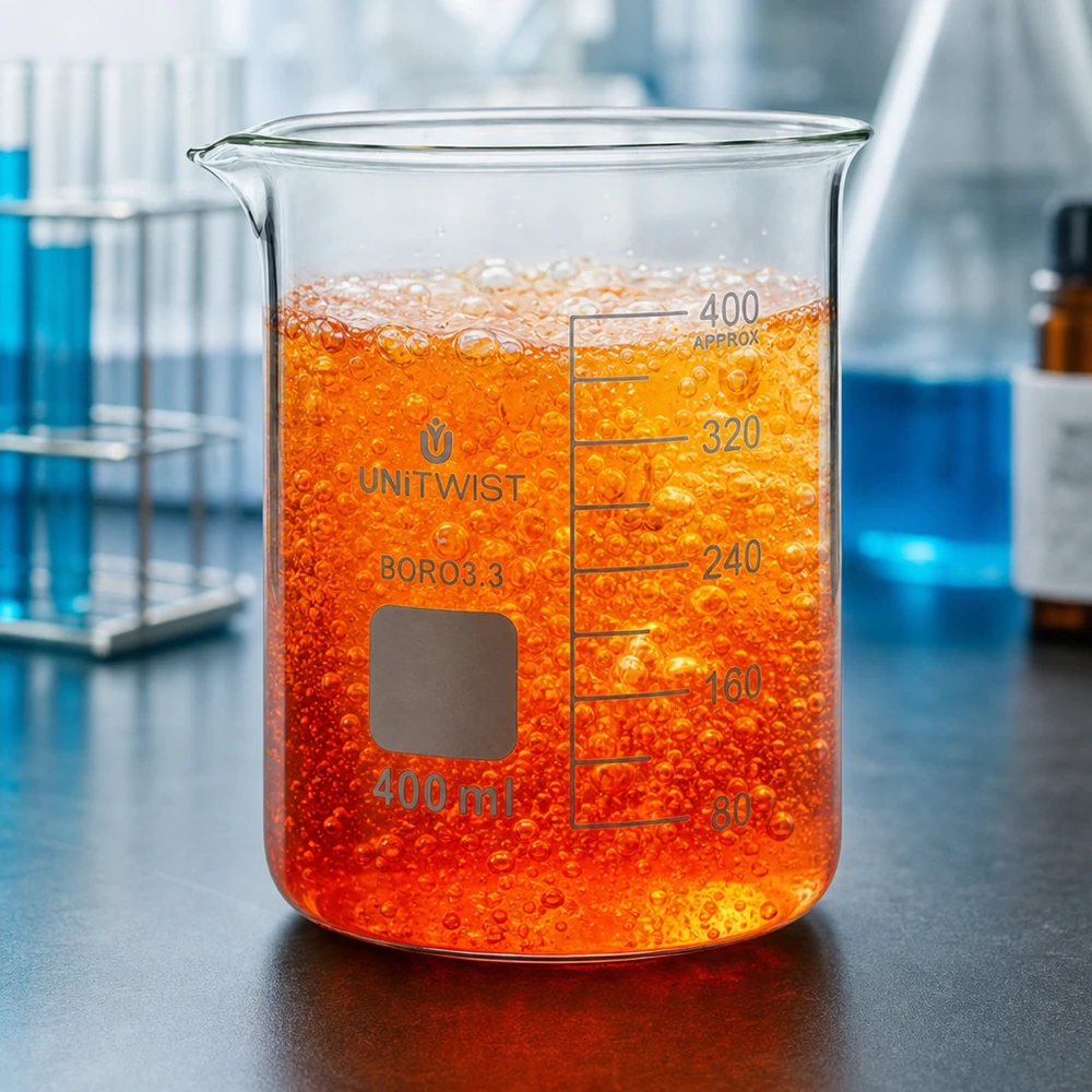 Beker 400ml borosilicaat, lage vorm UNiTWIST Réaction chimique dans un récipient de laboratoire UNiTWIST de 400 ml, avec un liquide orange vif et la formation de bulles