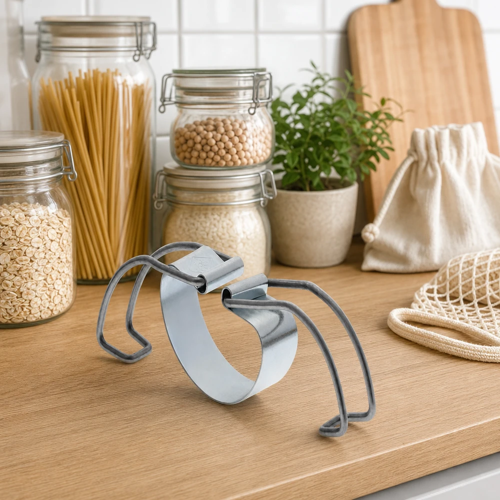 Etrier de mise en conserve RR100 entre des bocaux de stockage durable avec des pâtes et des légumineuses dans la cuisine zéro déchet