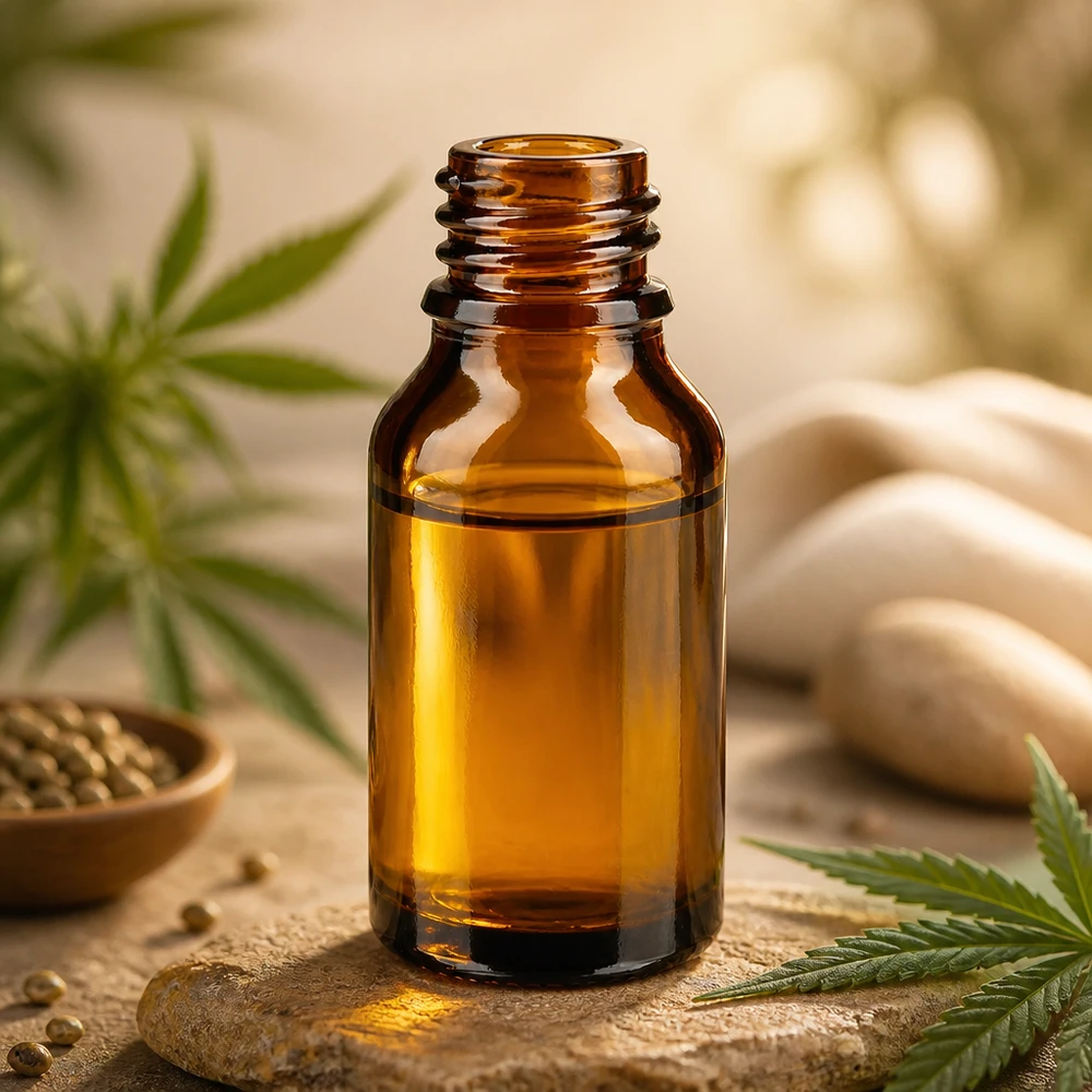 Flacon avec compte-gouttes 15 ml DIN18 - verre ambré Bouteille ApoGlas brune de 15ml contenant des feuilles de cannabis, des graines de chanvre et des pierres de spa pour des produits de bien-être naturels.