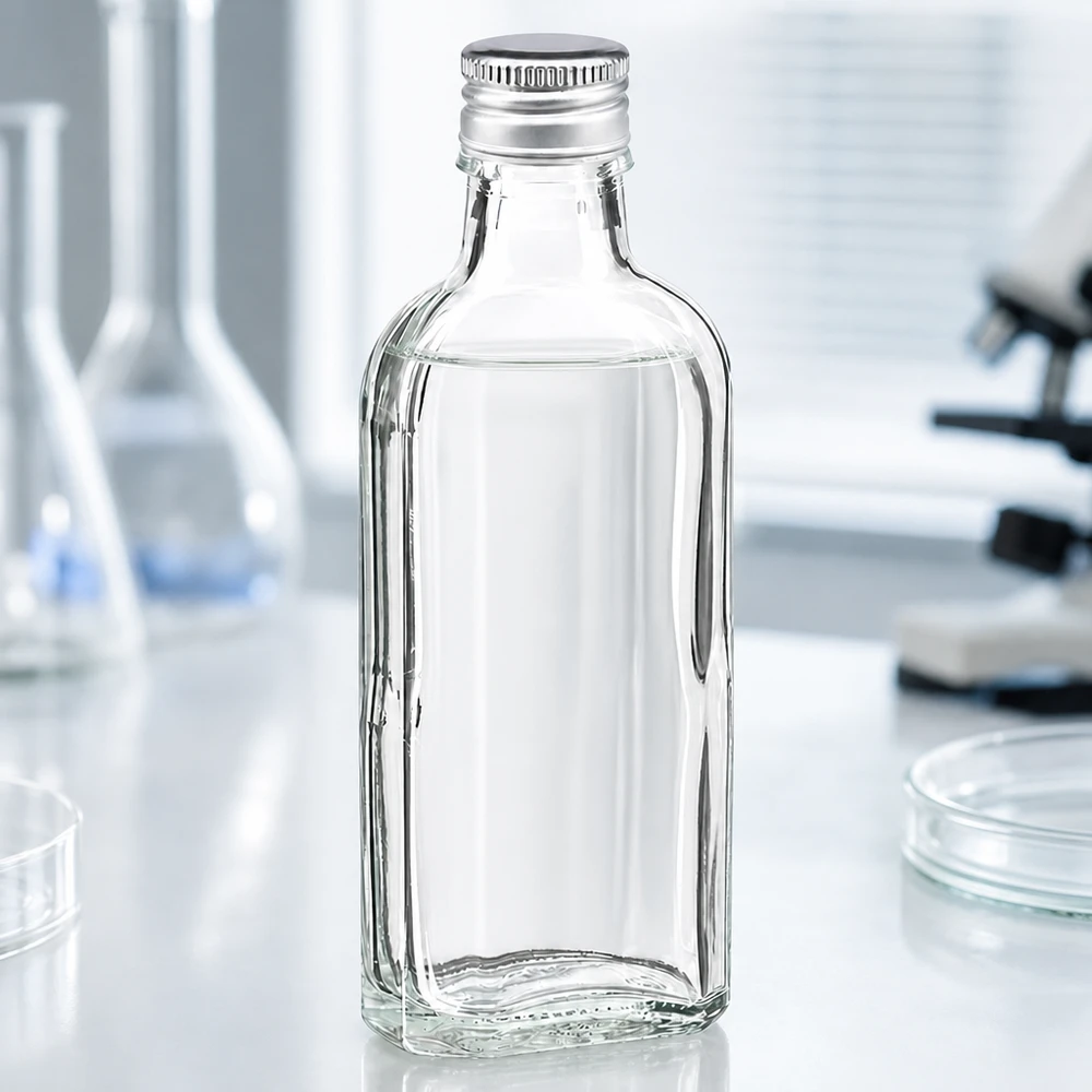 Bouteille rectangulaire en verre transparente de 100 ml avec bouchon en aluminium PP22 argenté