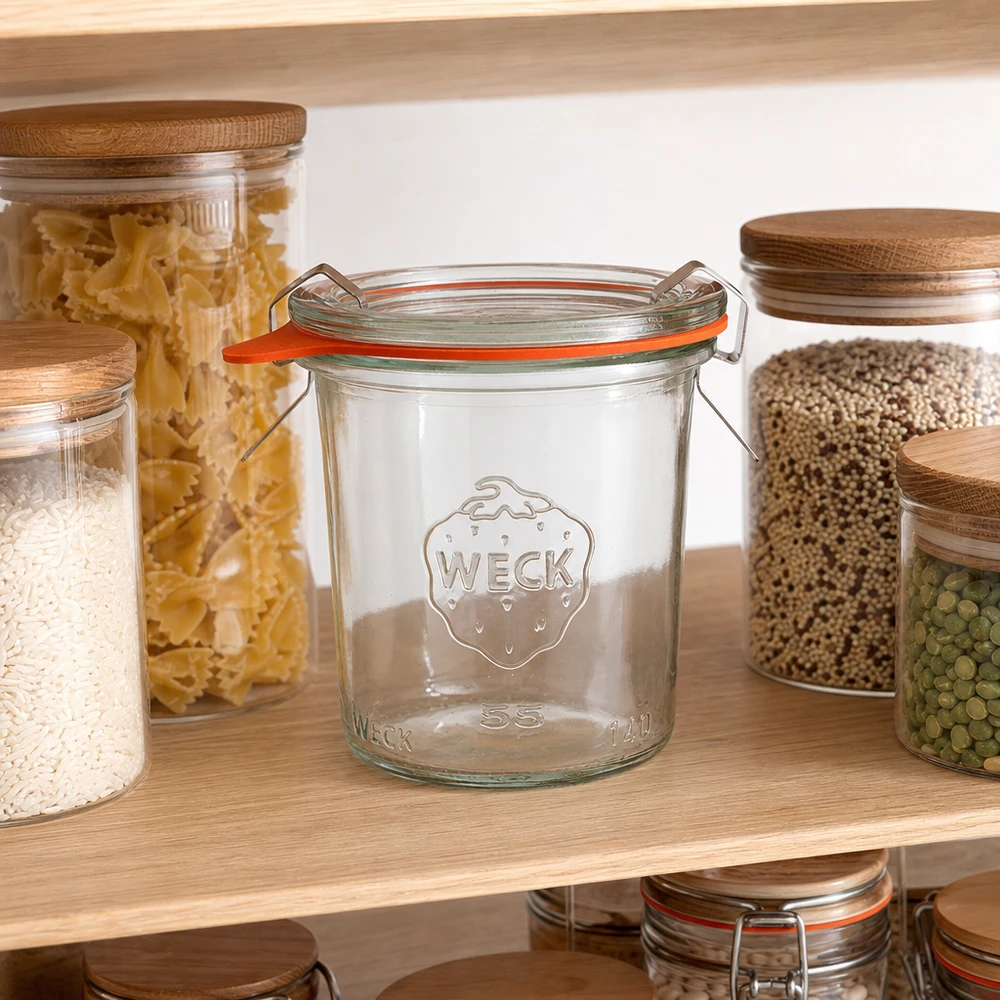WECK Pot renversé 140ml RR60 dans armoire à provisions avec pâtes riz et légumineuses pour la conservation des aliments